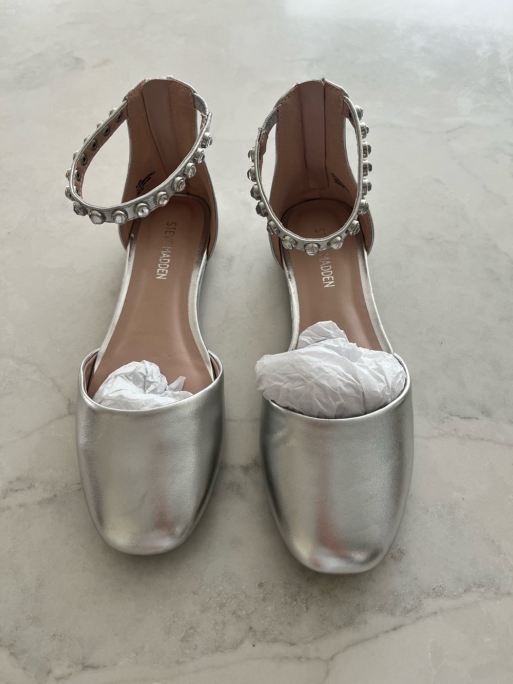 Steve Madden Silver Studded Ankle-Strap Flats